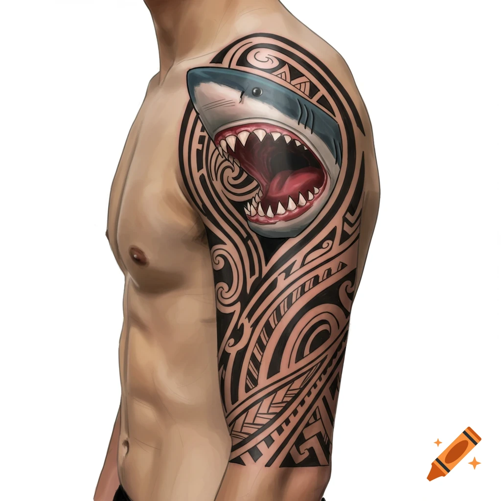 A tribal tattoo sleeve with a shark head on a person's arm.