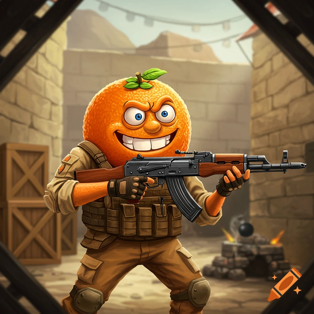A cartoon orange character in military gear holds a rifle in a desert environment.