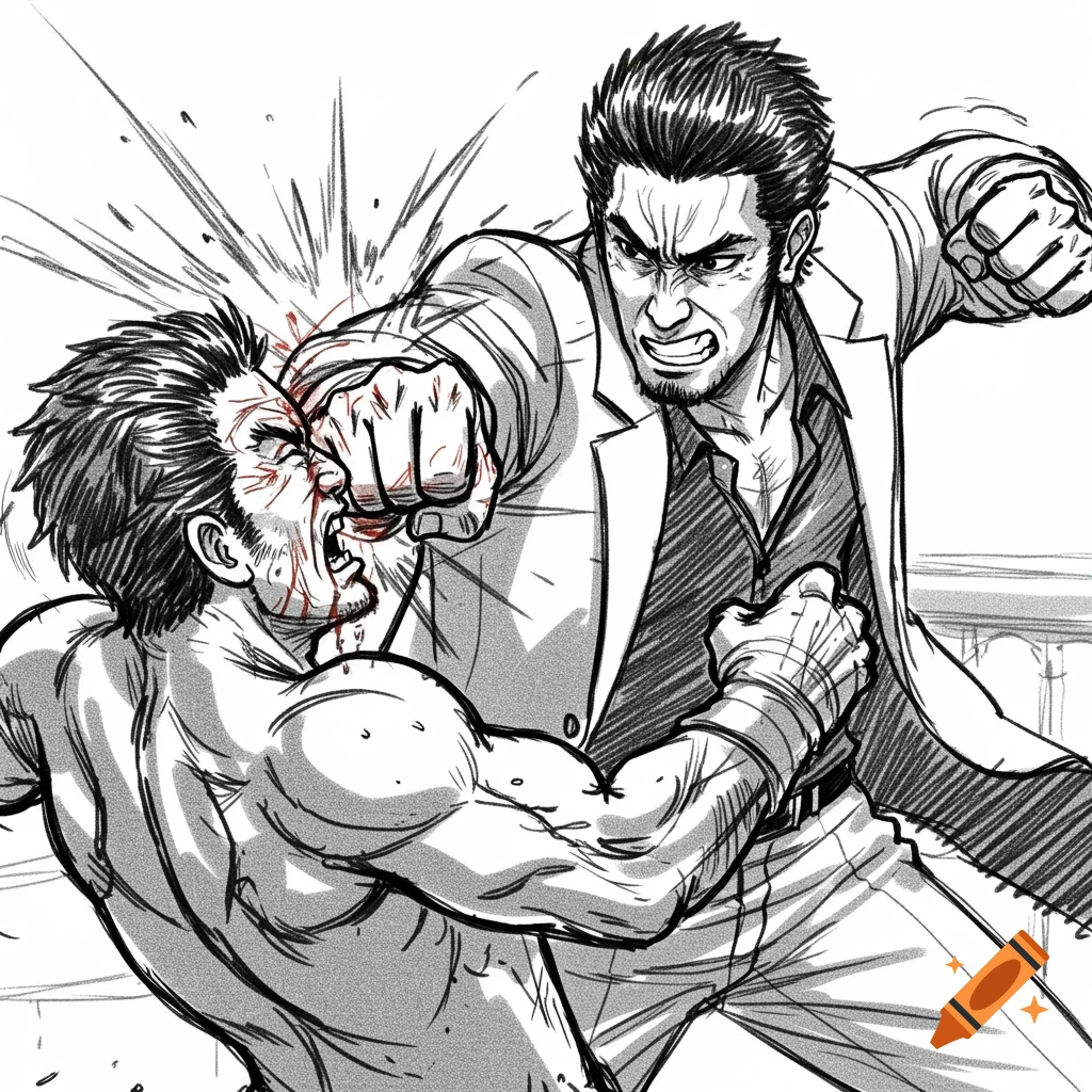 Black and white sketch of a powerful punch connecting with a man's face.