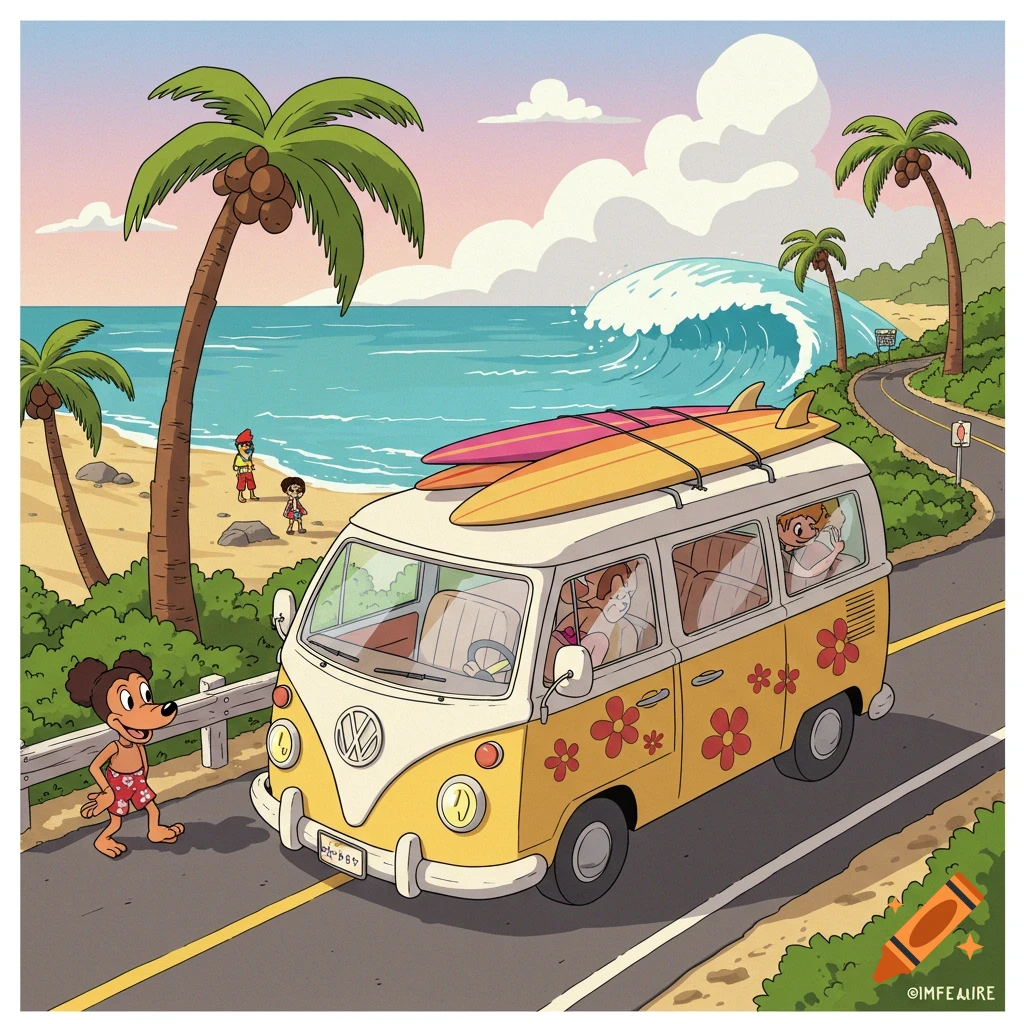 Disney style cartoon of a van on a road next to a beach with palm trees and a wave, with cartoon characters.