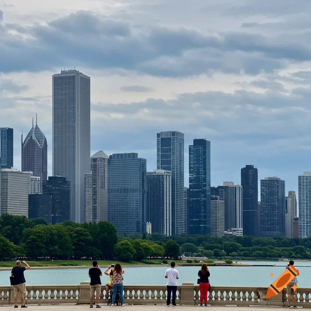 People look out at the Chicago skyline and lake under a cloudy sky.