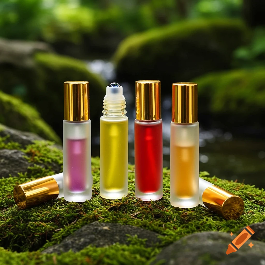 Four frosted perfume roller bottles with gold caps on mossy rocks near water.