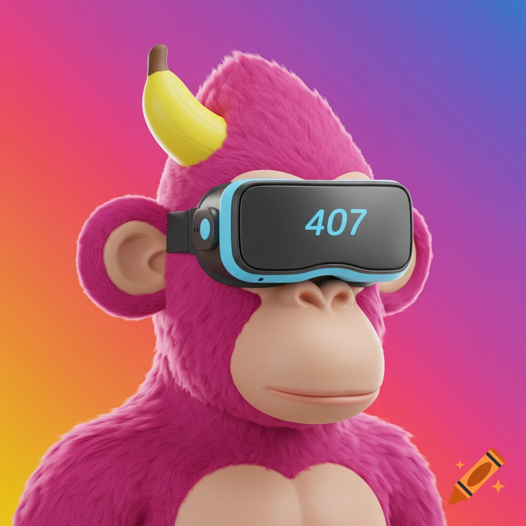 Pink cartoon gorilla with VR headset displaying 407 and a banana hat against a colorful background, digital art.