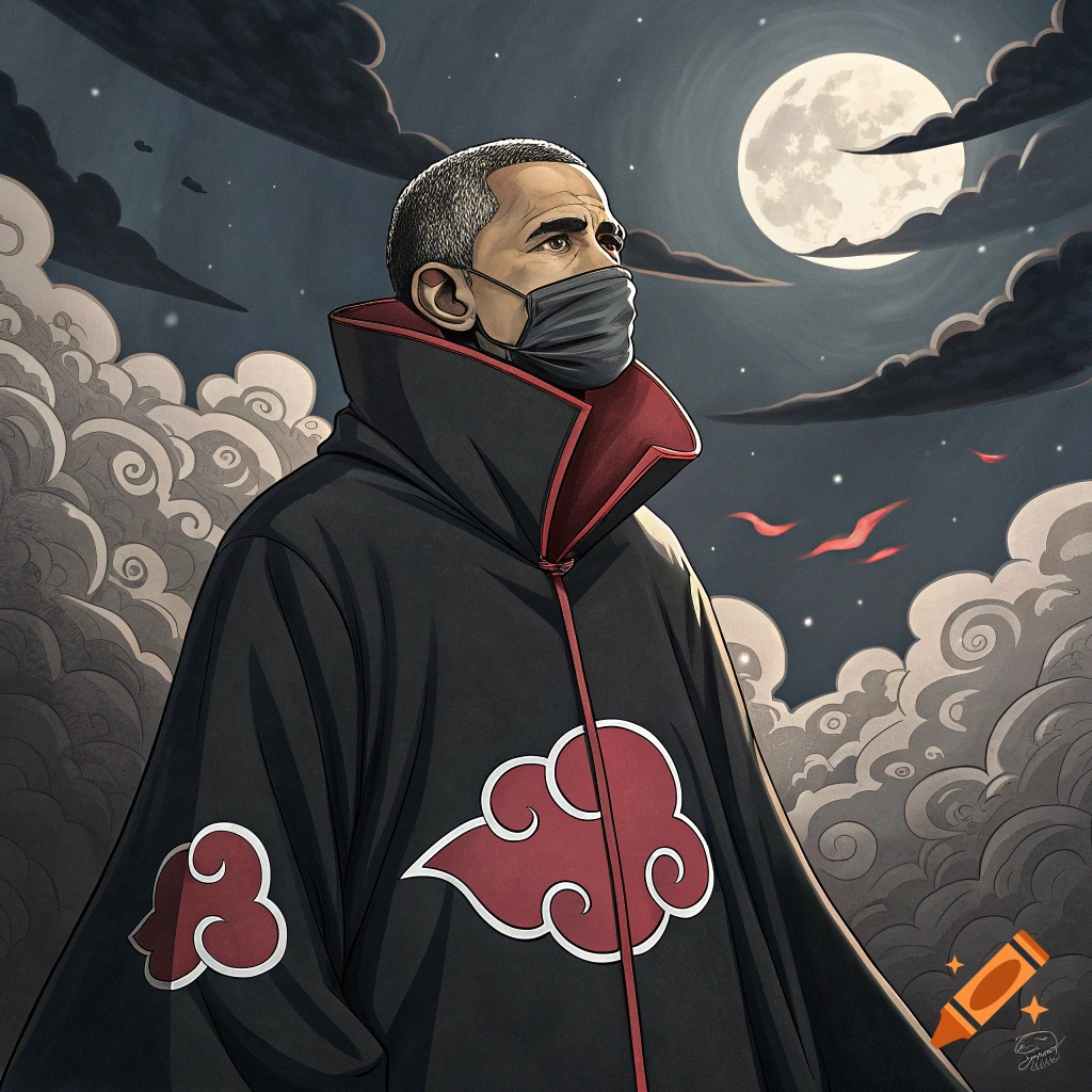 Illustration of Barack Obama wearing an Akatsuki cloak and mask at night under a full moon.