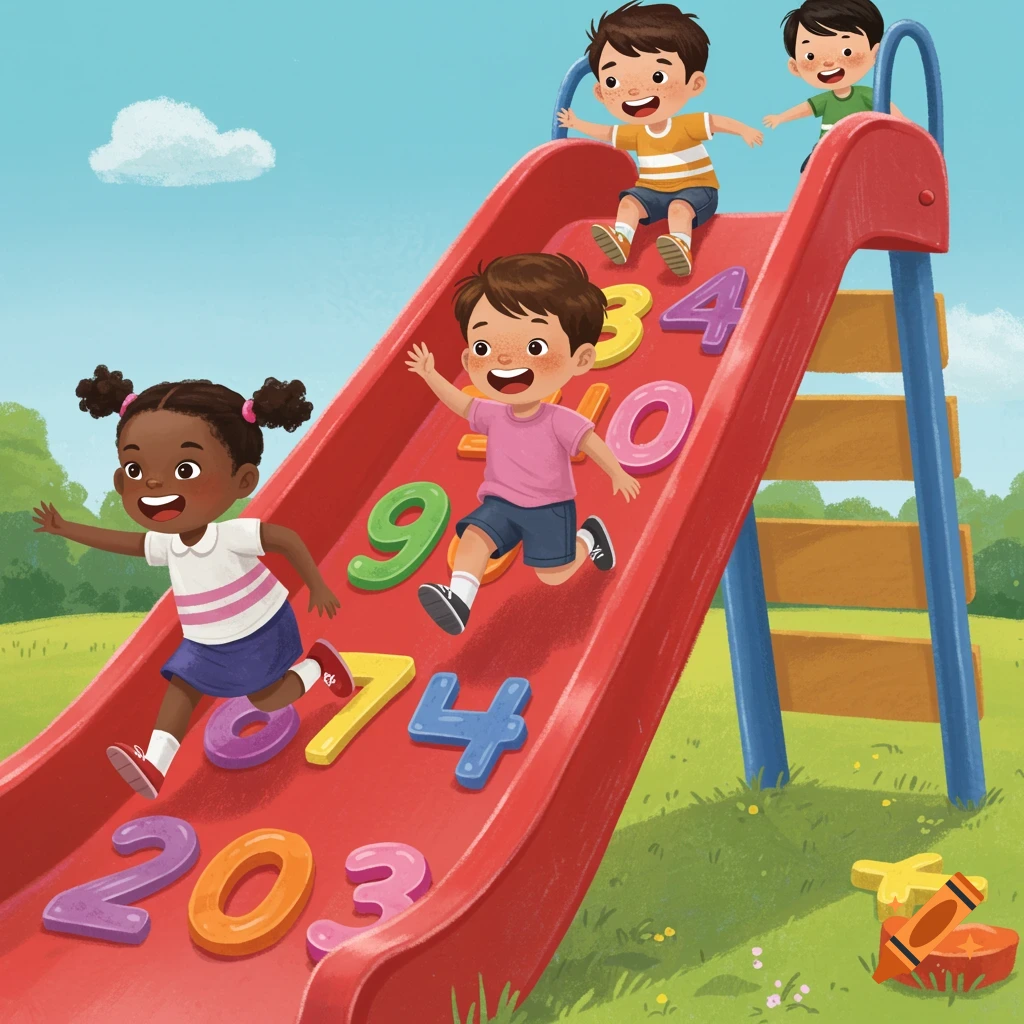 Diverse kids sliding down a red slide with colorful numbers in a bright playground illustration.