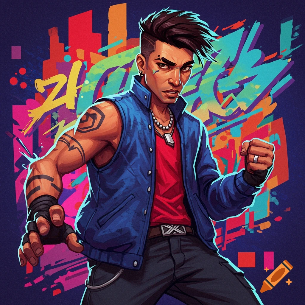 Stylized character art of a man in a blue vest against a vibrant urban background.
