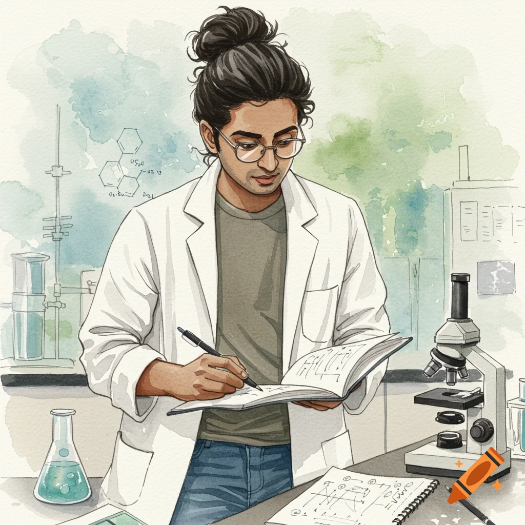 A student in a lab coat writes in a notebook in a watercolor science lab.