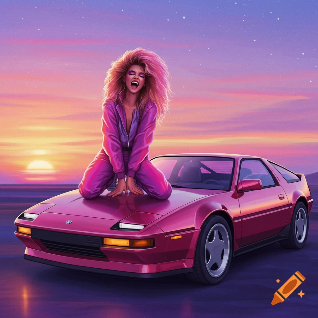 A woman in an 80s jumpsuit poses on a pink sports car at sunset.
