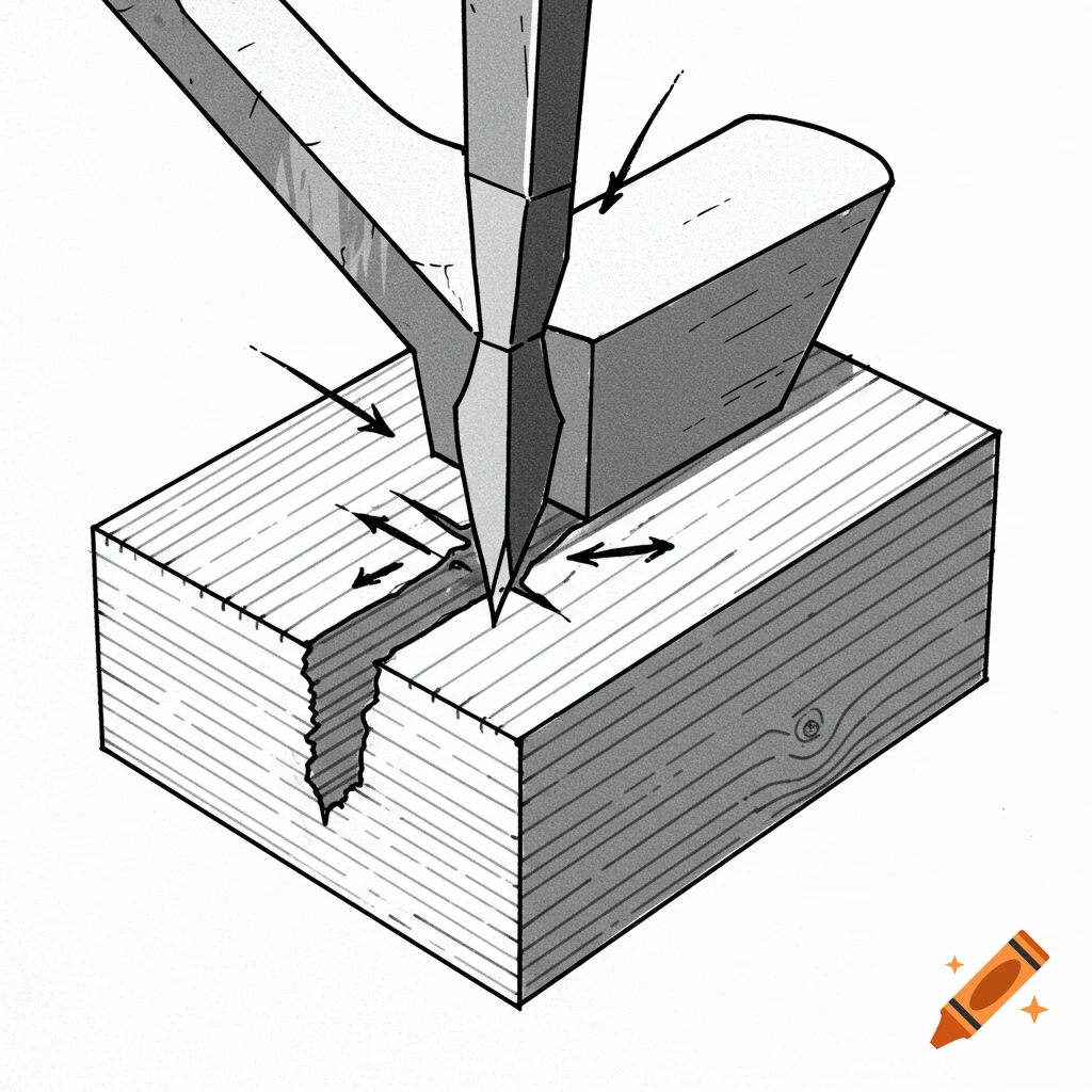 Black and white technical drawing of a wedge splitting a block of wood, with arrows indicating forces