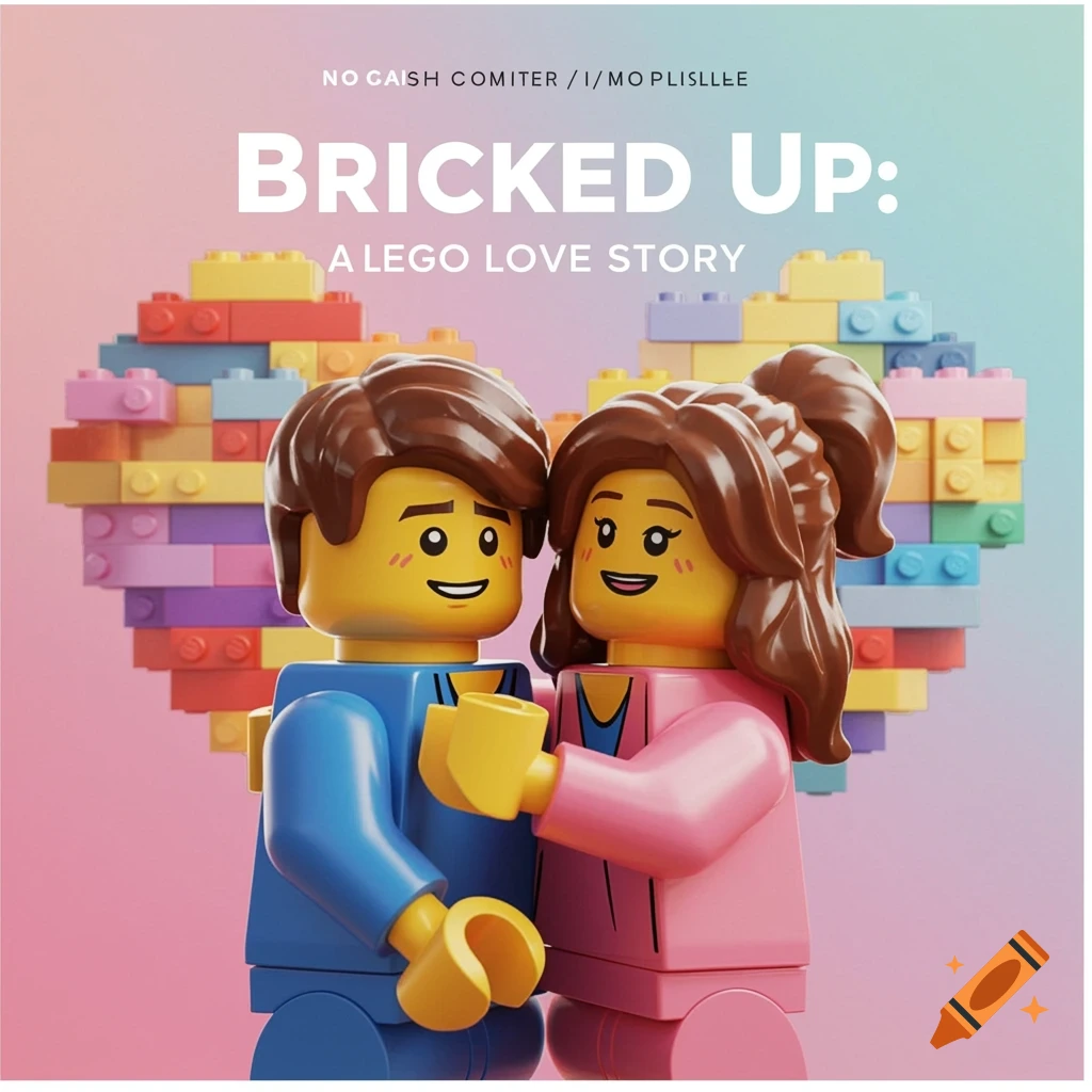 Lego minifigures embracing in front of a Lego brick heart, with the title Bricked Up: A Lego Love Story.