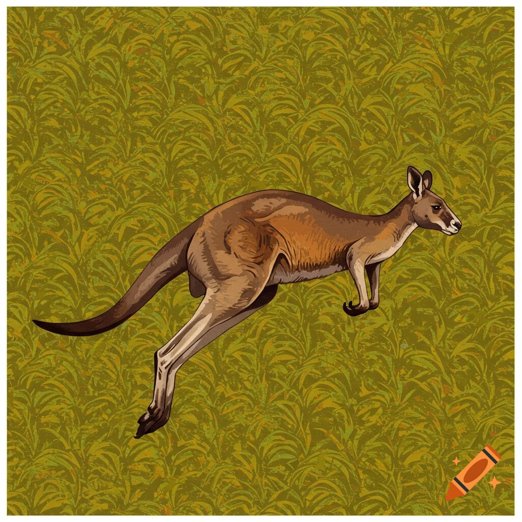 A kangaroo jumping in a pattern of palm fronds.