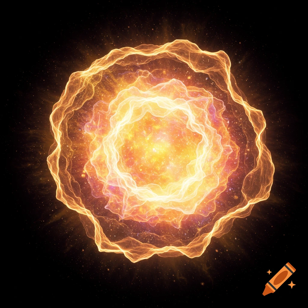 Abstract layered glowing orange and gold energy sphere on a dark background.