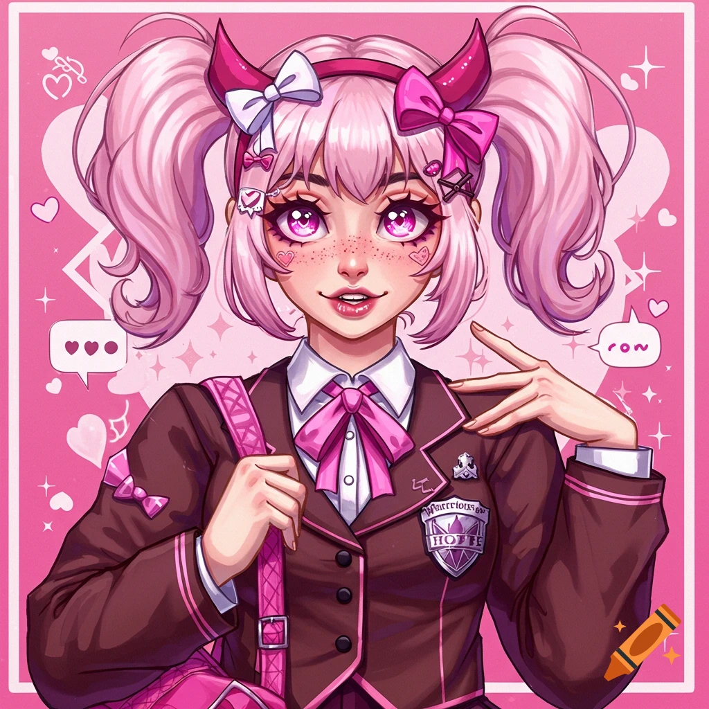 Anime illustration of a girl with pink pigtails, horns, and a school uniform, in a pink background.