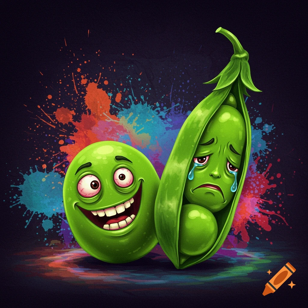 Cartoon peas with exaggerated happy and sad expressions against a colorful splash background.