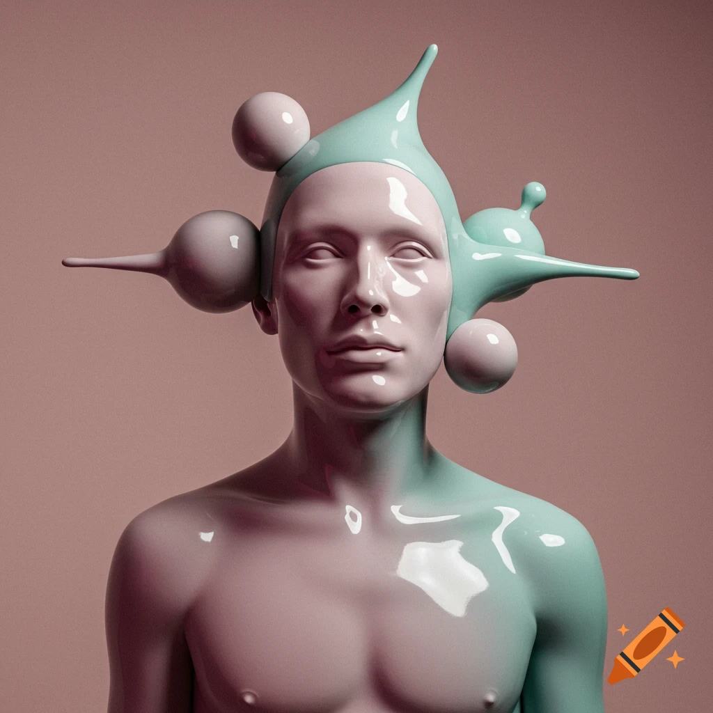 Bust of a surreal, smooth figure with a glossy mint-green structure covering the head and shoulders, against a pink background.