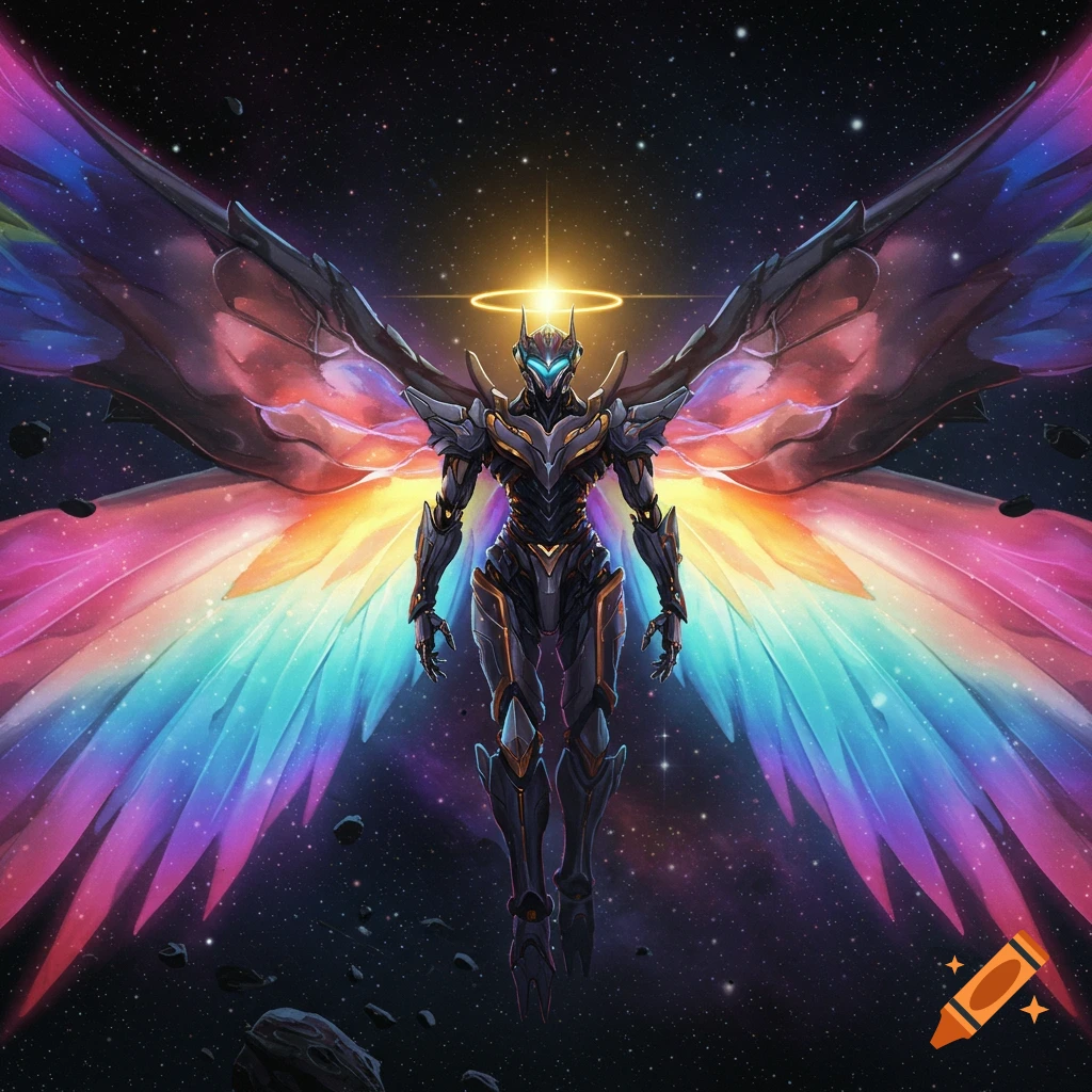 A space-themed robot with large, iridescent wings and a halo floating in space among stars.
