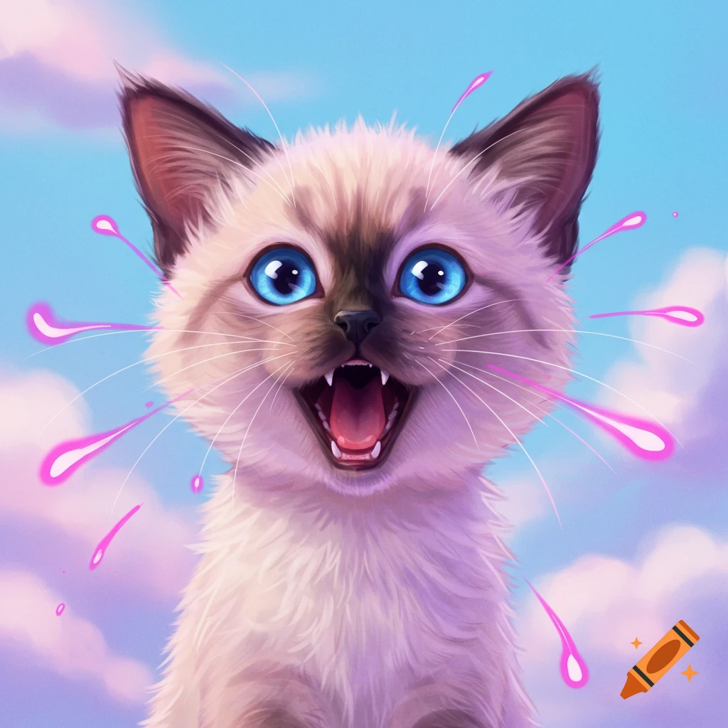 A screaming Siamese kitten surrounded by pink shock waves and clouds.