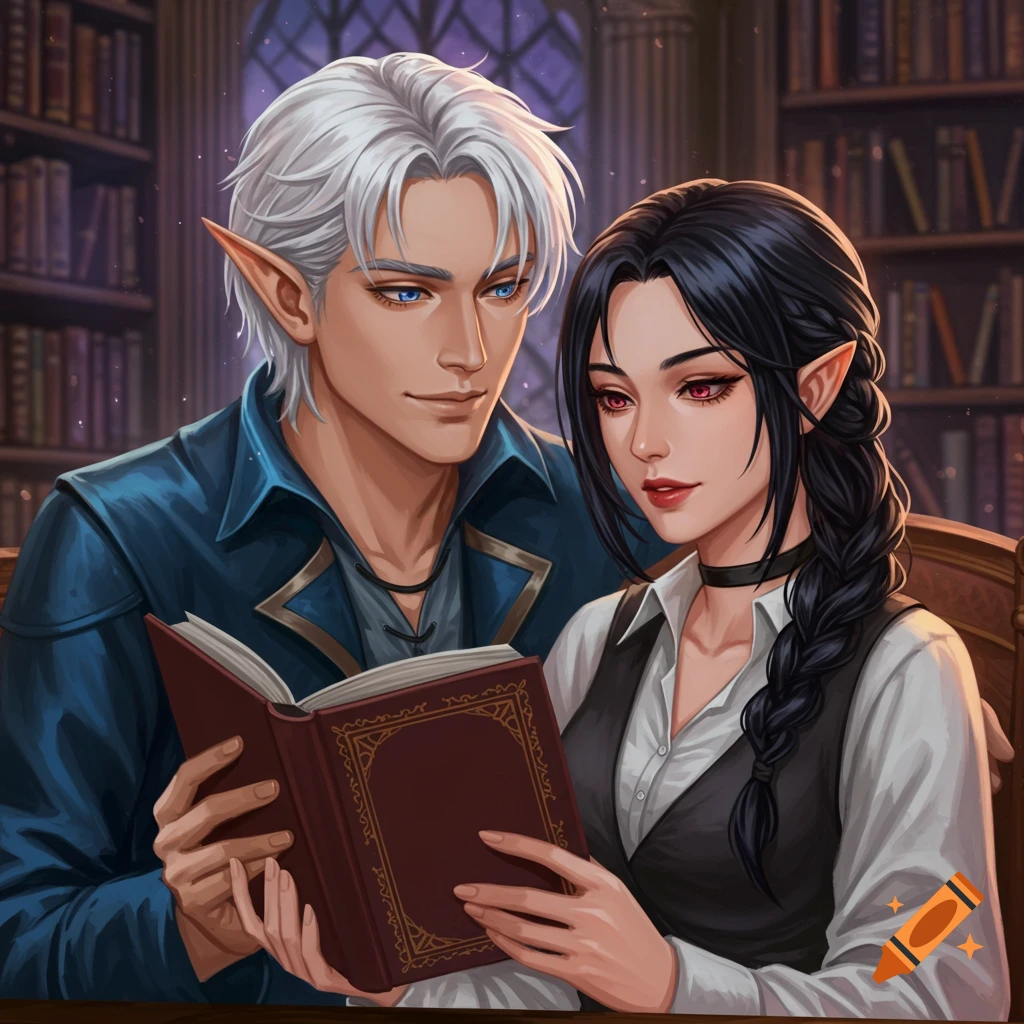 Two elves are reading a book together in a library.