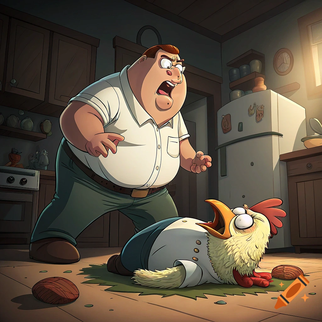 Peter Griffin stands over a large chicken on the kitchen floor in a cartoon style.