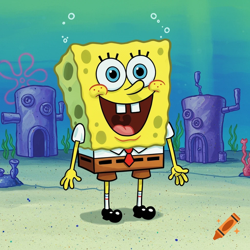SpongeBob SquarePants stands in Bikini Bottom with his arms out.
