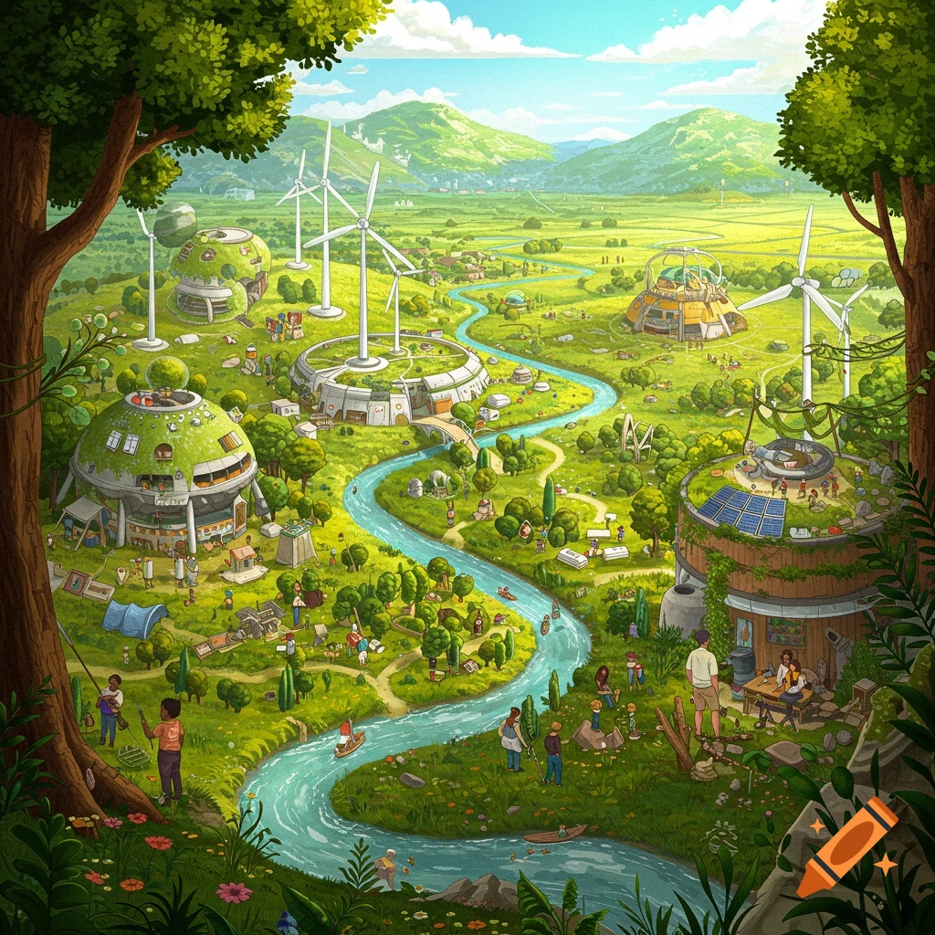 A lush, green utopian landscape with futuristic buildings, wind turbines, a river, and many people.