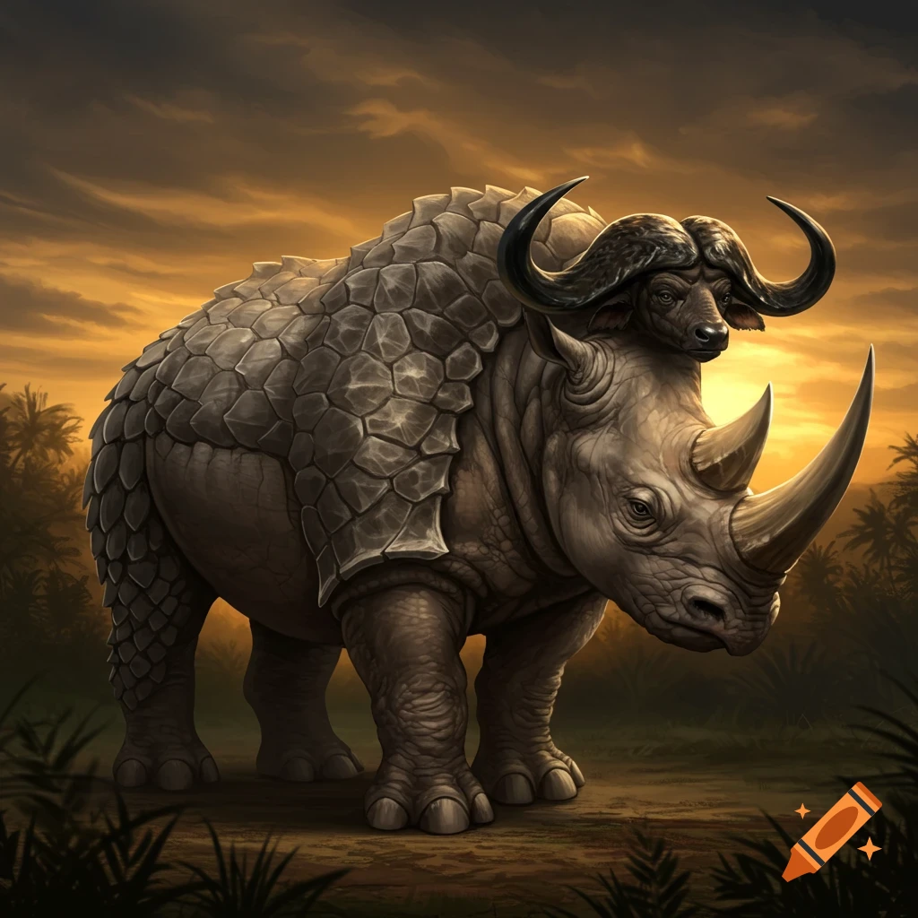 A creature resembling a rhino with pangolin armor and buffalo horns stands in a jungle at sunset.