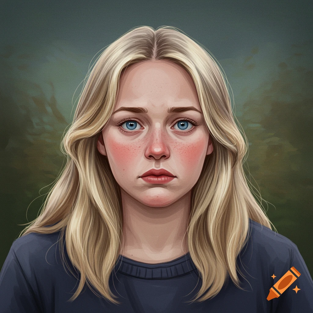 A portrait of a young woman with blonde hair, blue eyes, and red cheeks, wearing a blue shirt.