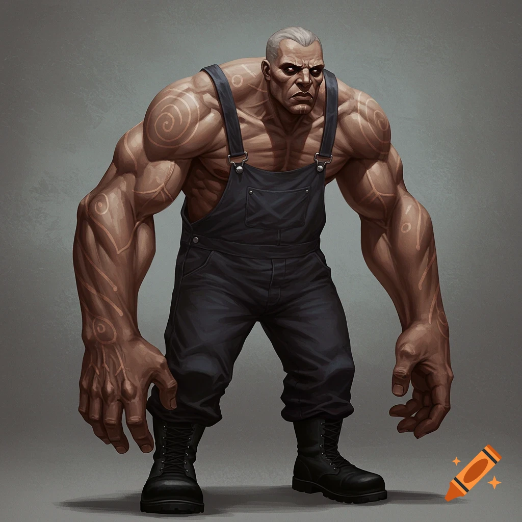 A very muscular man in overalls and boots with patterned skin markings.