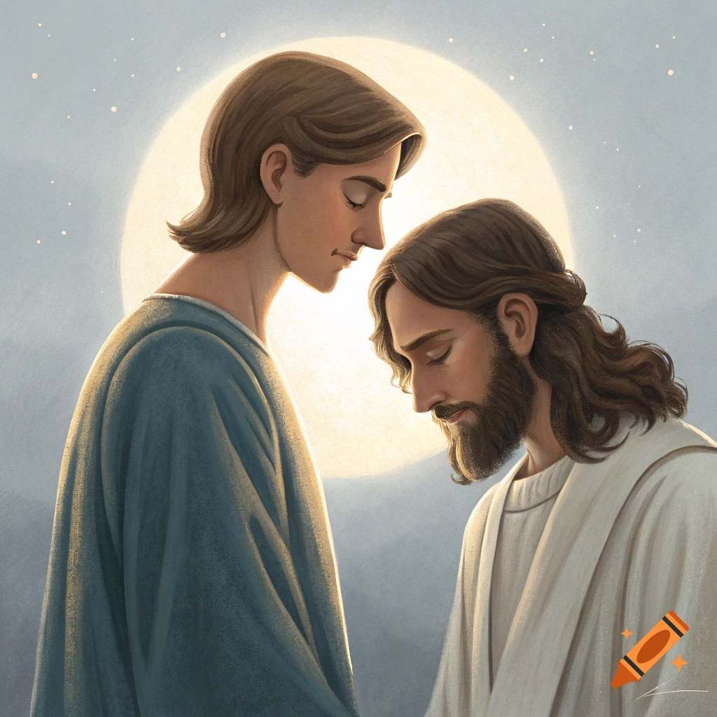 Illustration of two figures, one resembling Jesus, praying or bowing before a bright circle.