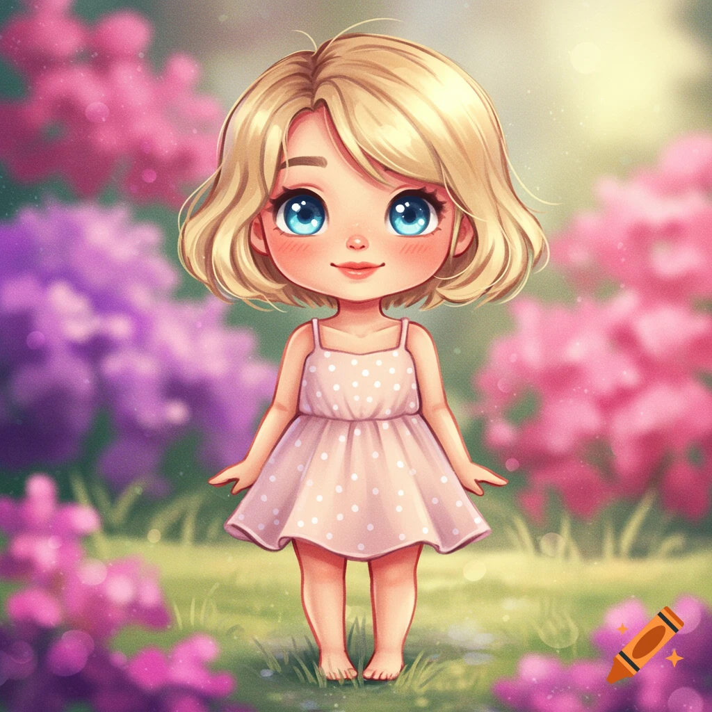 Chibi girl in pink polka dot dress in a garden