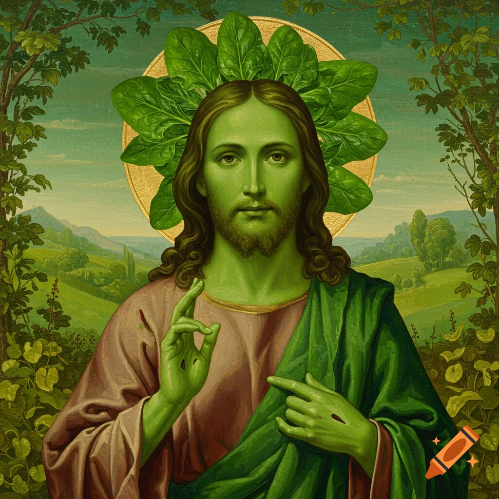 Image of green Jesus with spinach halo in a pastoral landscape.
