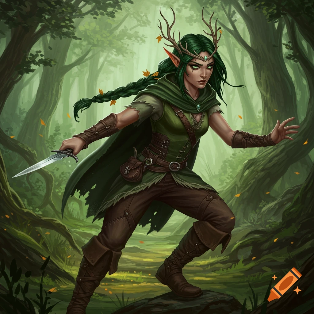 A wood elf rogue with green hair, antlers, and a dagger stands in a forest.