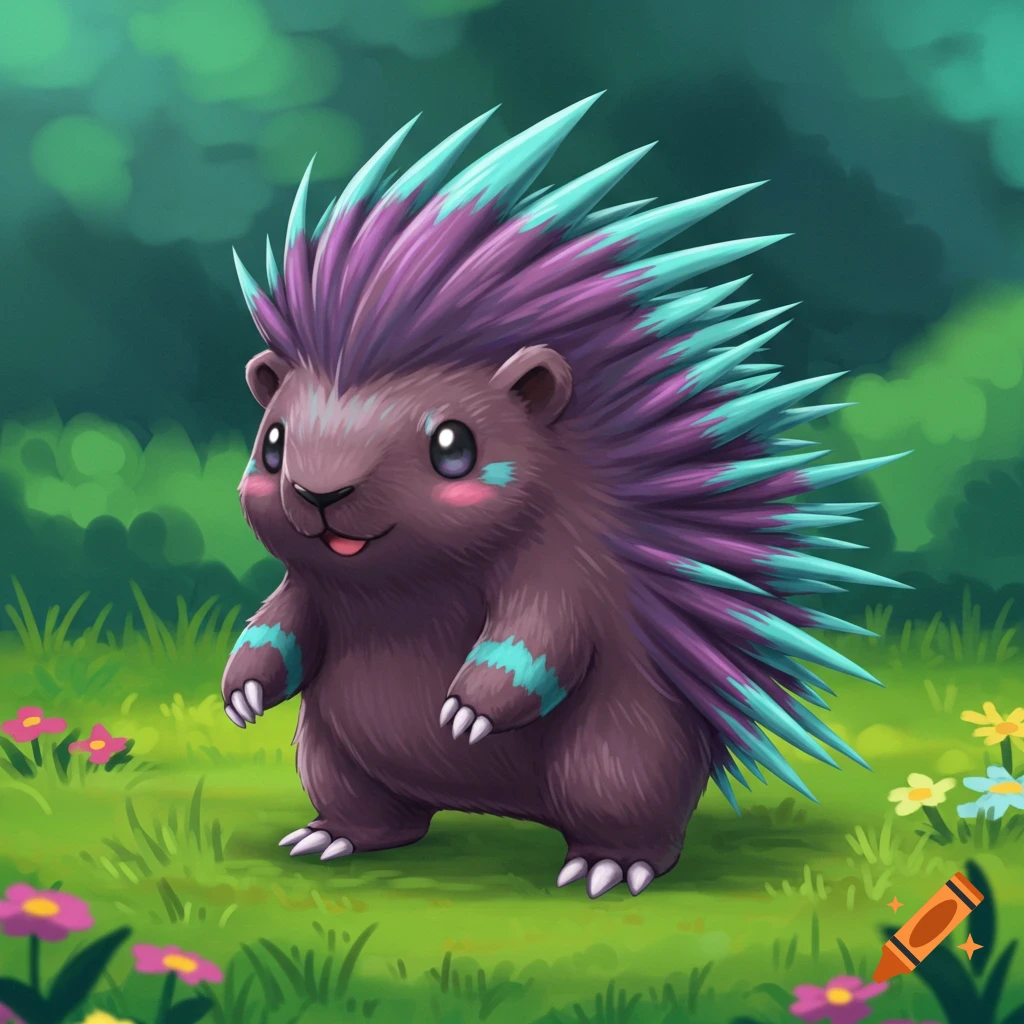A cute, stylized purple porcupine with blue and purple quills stands in a grassy field with flowers.