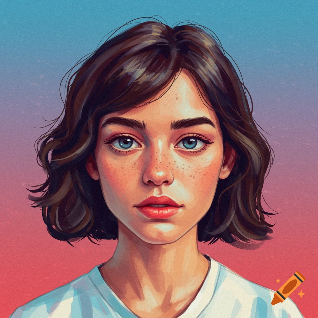 A young woman with short brown hair, blue eyes, and freckles against a pink and blue gradient background.