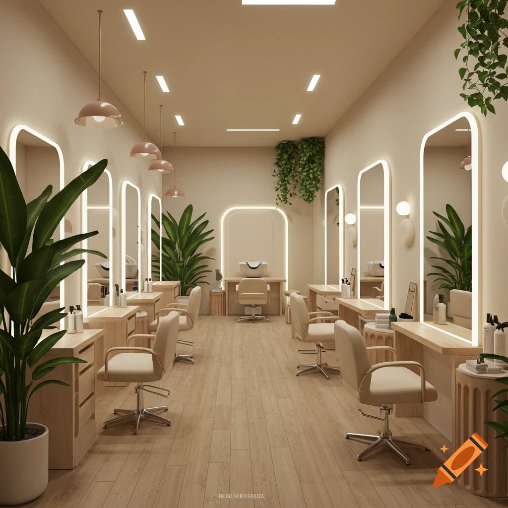 An image of a modern beauty salon interior with mirrors, chairs, and plants.