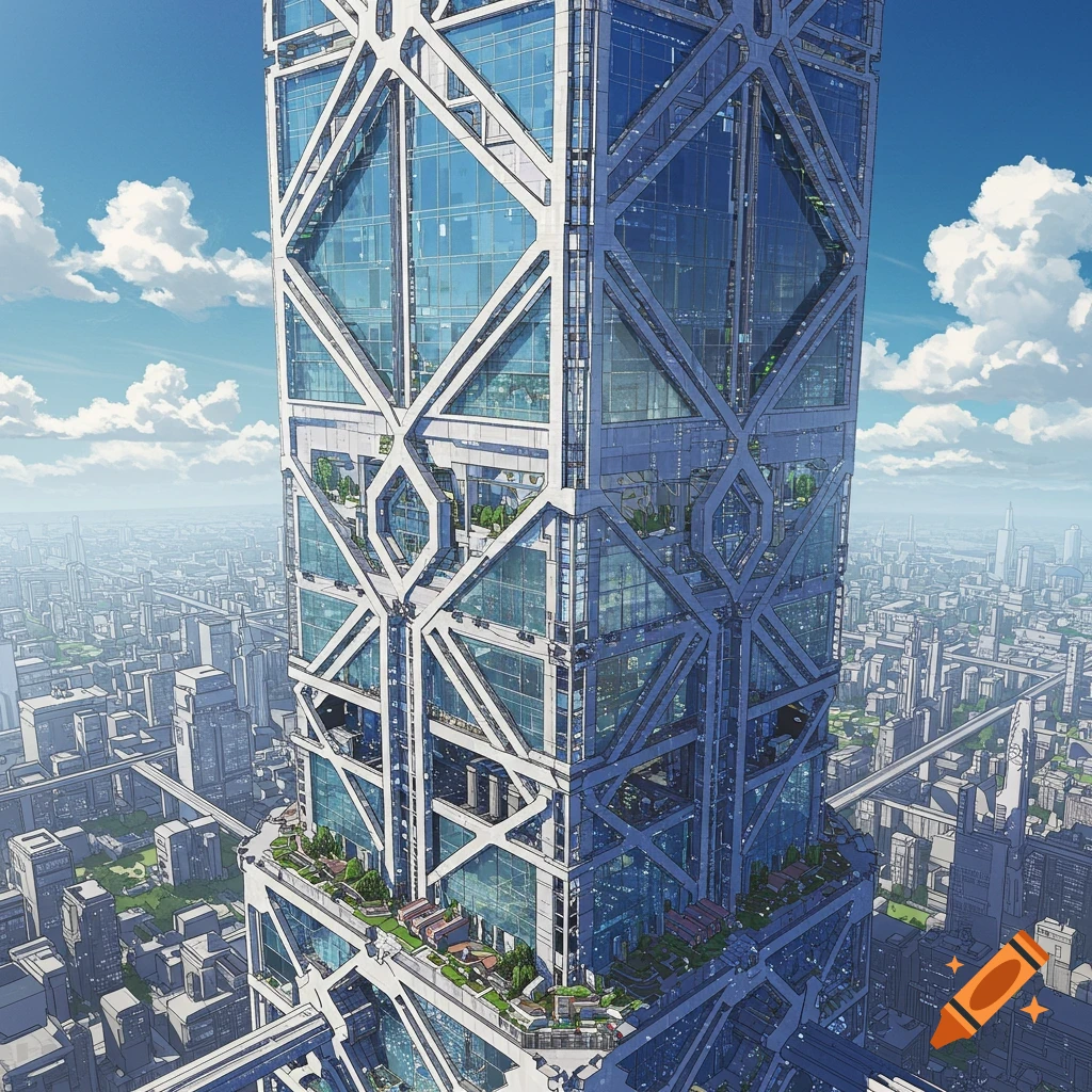 A tall, futuristic skyscraper dominates a detailed city landscape under a partly cloudy sky.