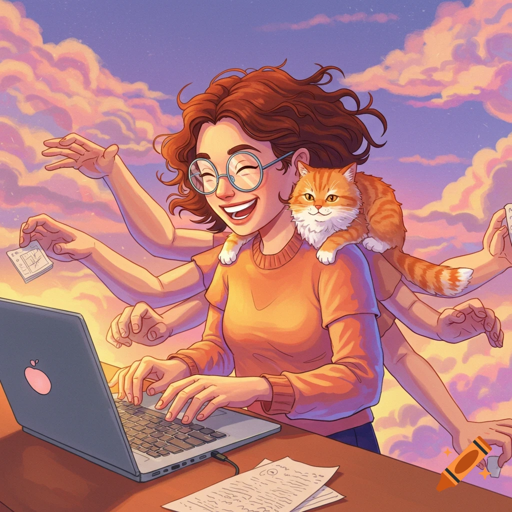 A woman with many arms is working on a laptop. There is a cat on her shoulder. She is against a cloudy sunset sky.