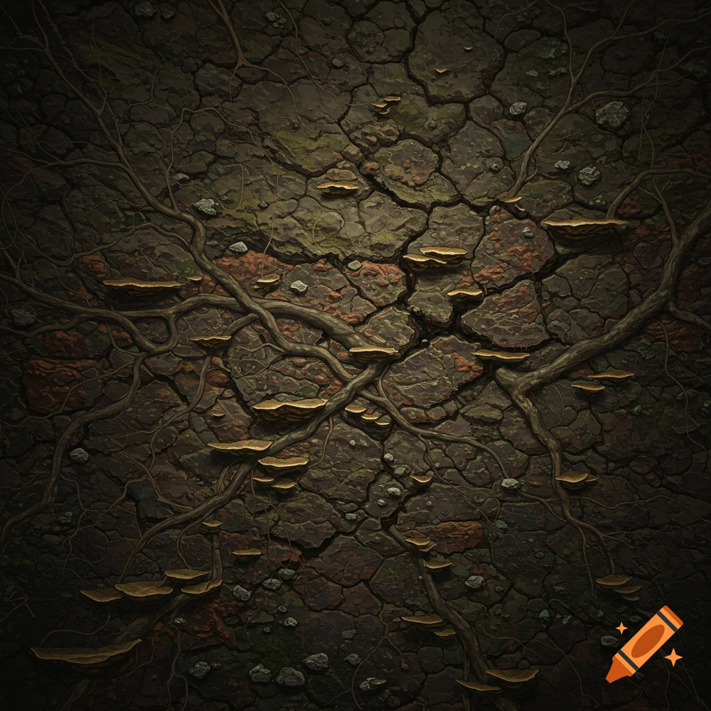 Cracked earth with roots and shelf fungi