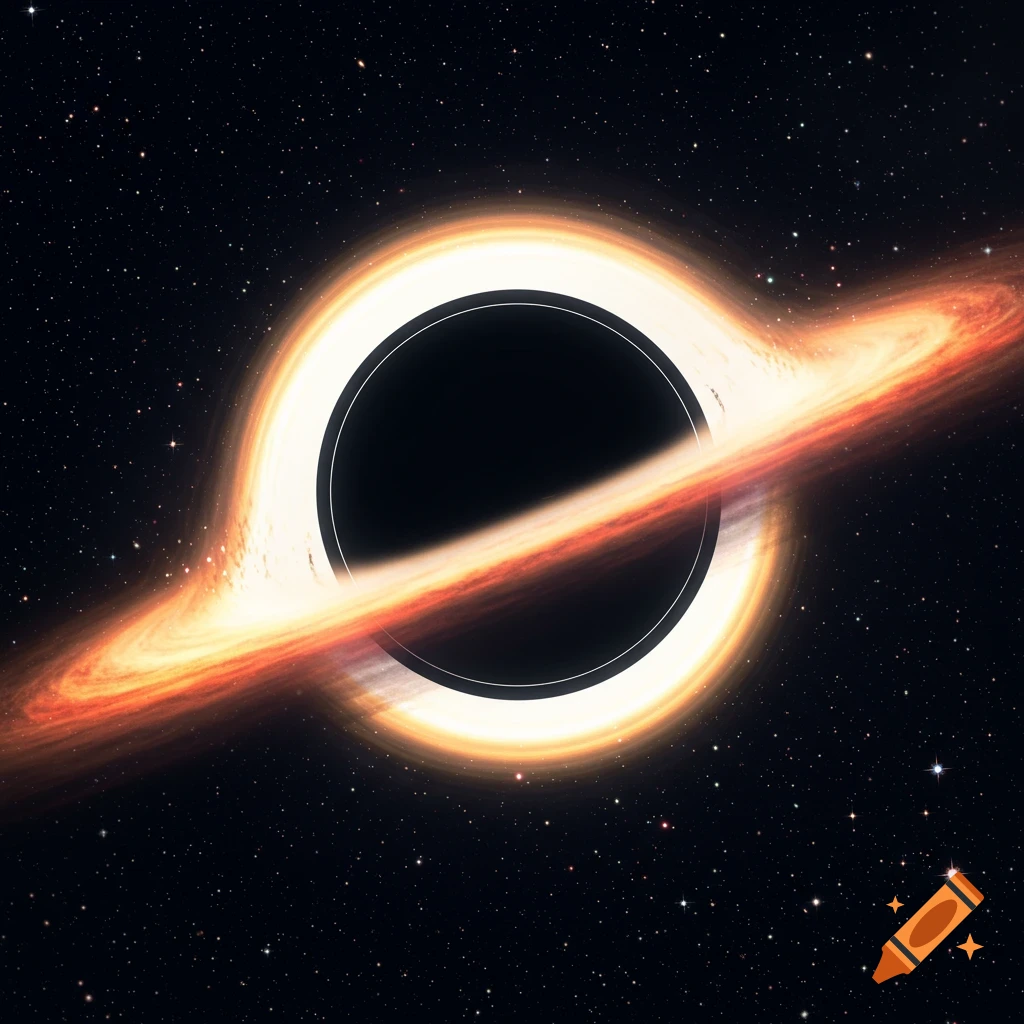 A black hole with a bright accretion disk in deep space among stars.