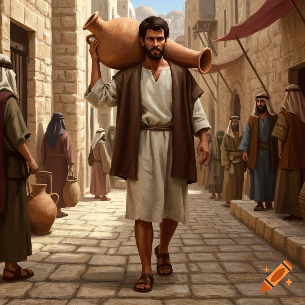 A man carrying a large clay jar on his shoulder walks through a crowded historical street in the Middle East.