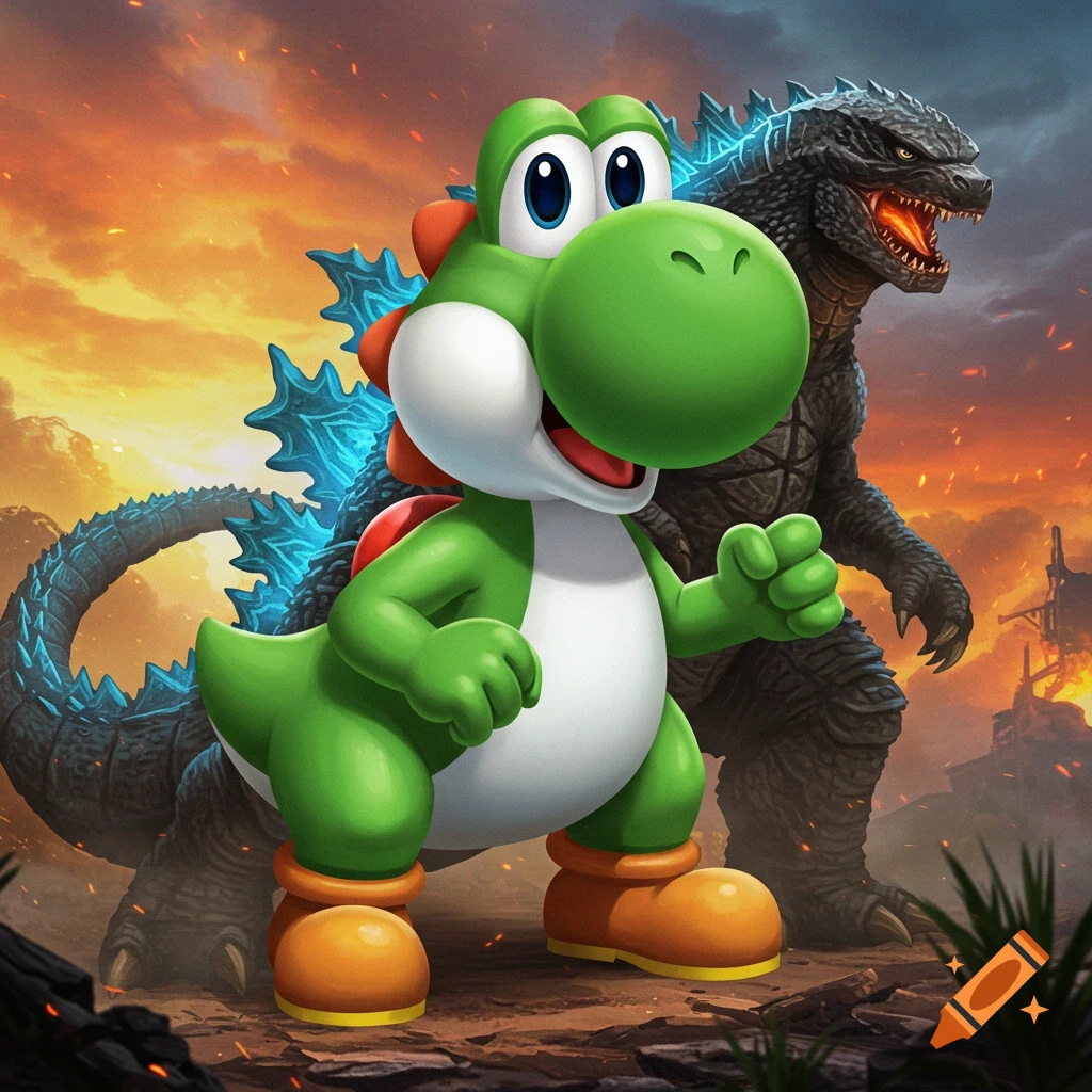 Yoshi and Godzilla stand together in a fiery, apocalyptic landscape.