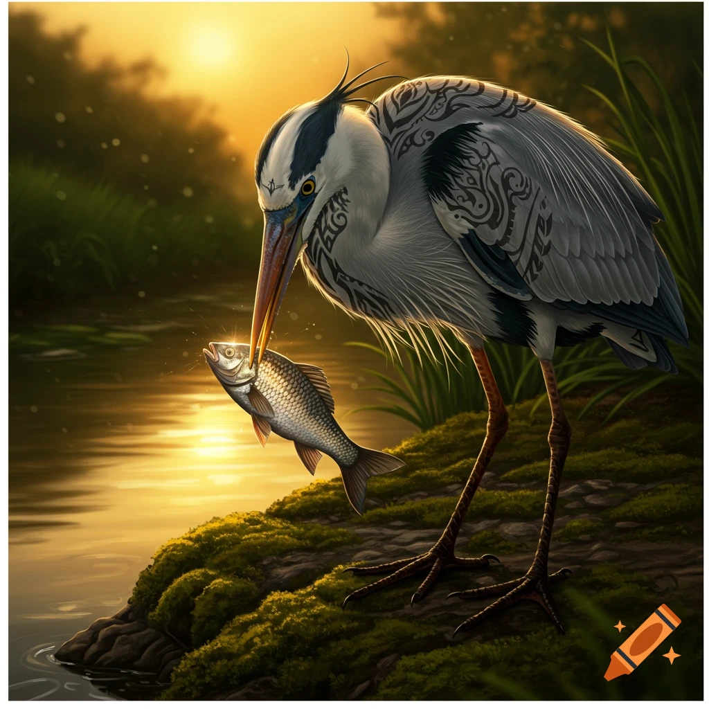 A heron catches a fish in a sunlit lake.