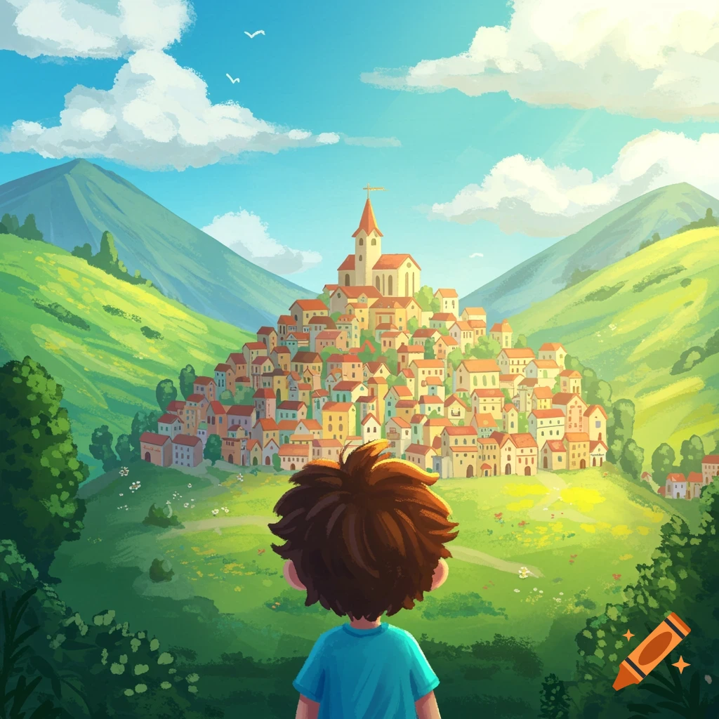 Stylized image of a boy looking at a colorful town in a lush valley.