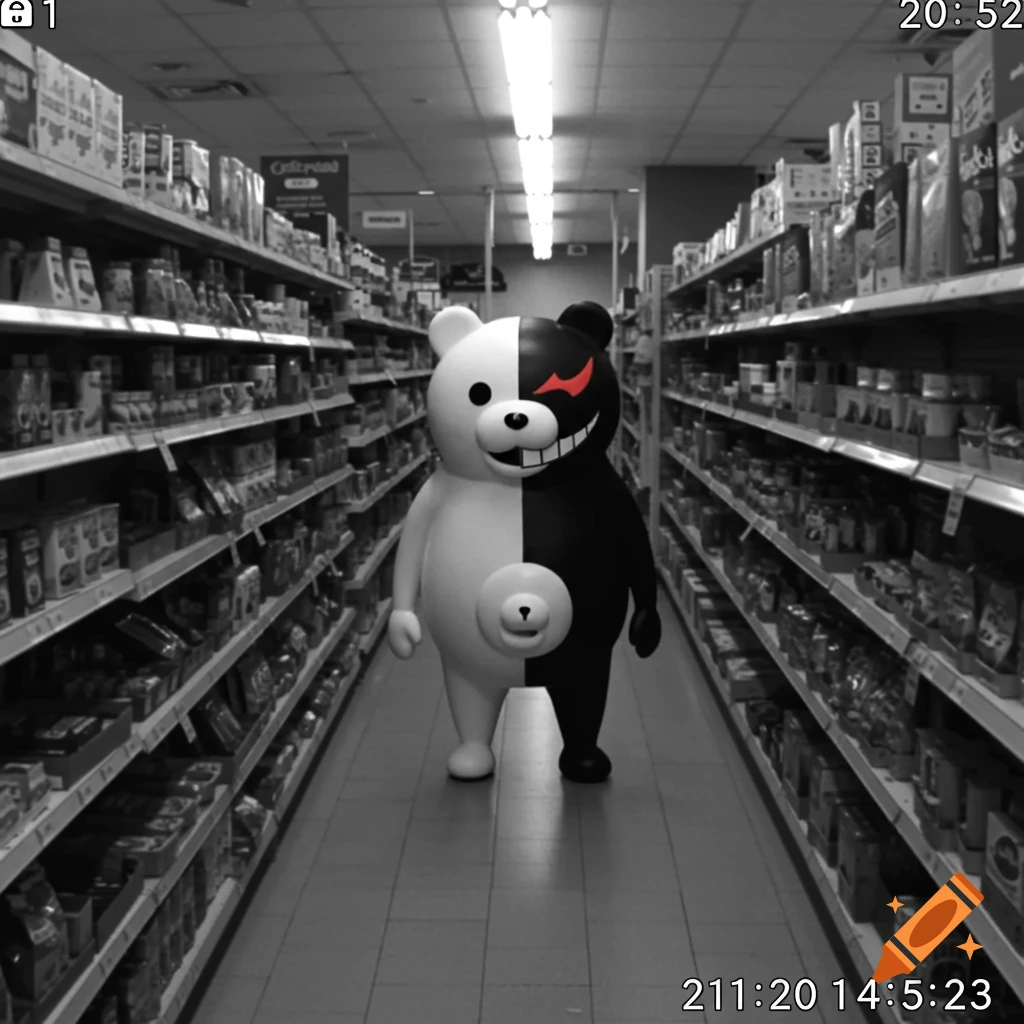 Monokuma standing in a supermarket aisle in black and white CCTV style.