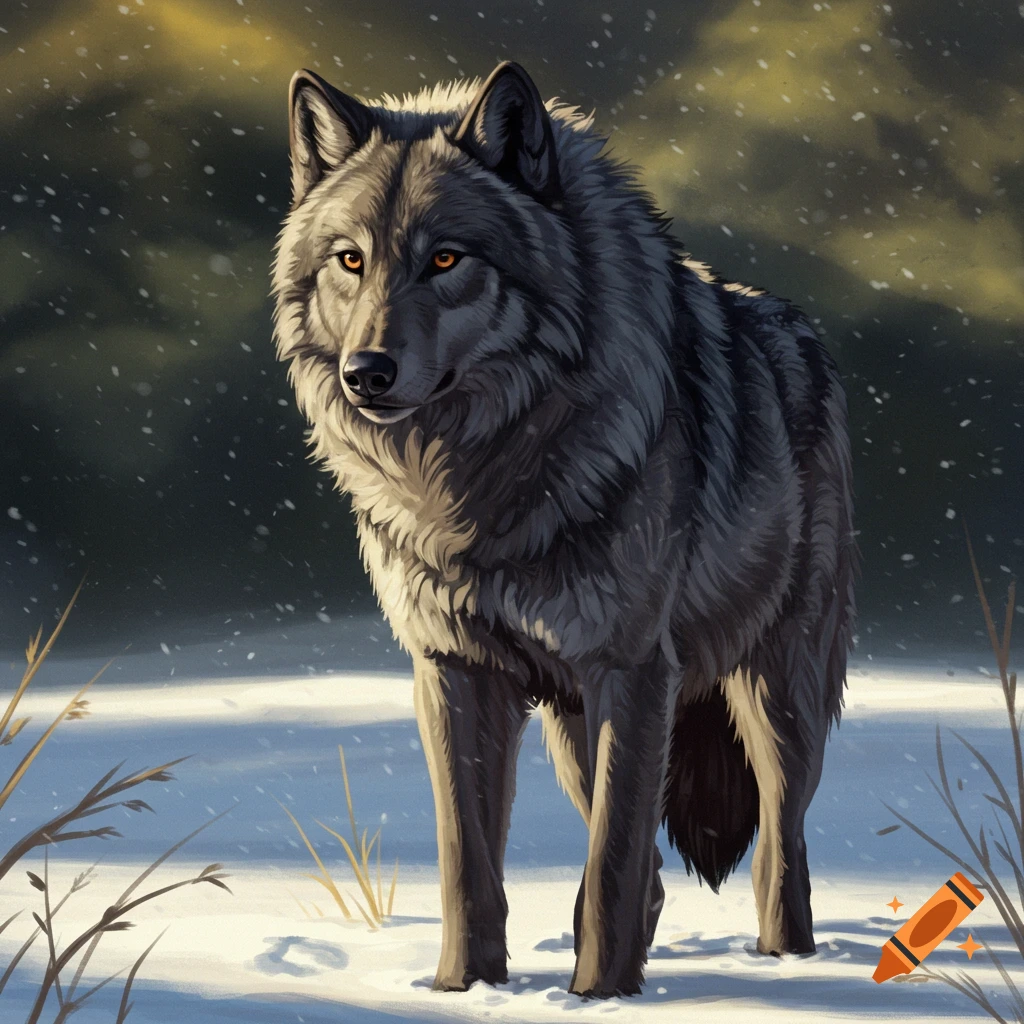 A gray wolf stands in the snow.