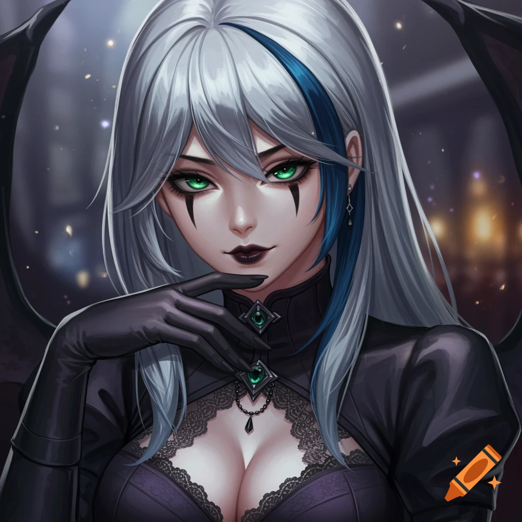 Anime portrait of a woman with white and blue hair, green eyes, black makeup, gothic outfit, and dark wings.