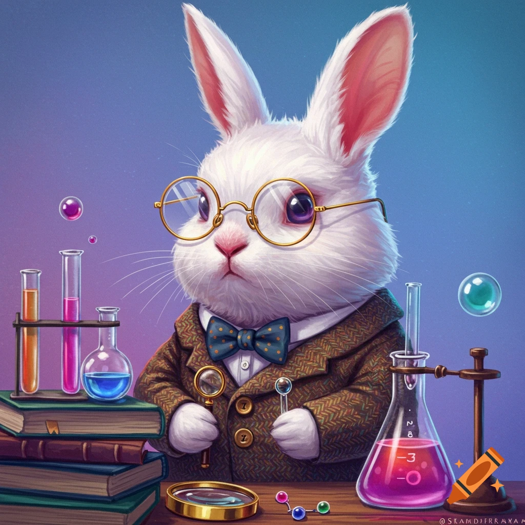 A cartoon white rabbit scientist in glasses and suit stands at a lab bench with beakers and books.