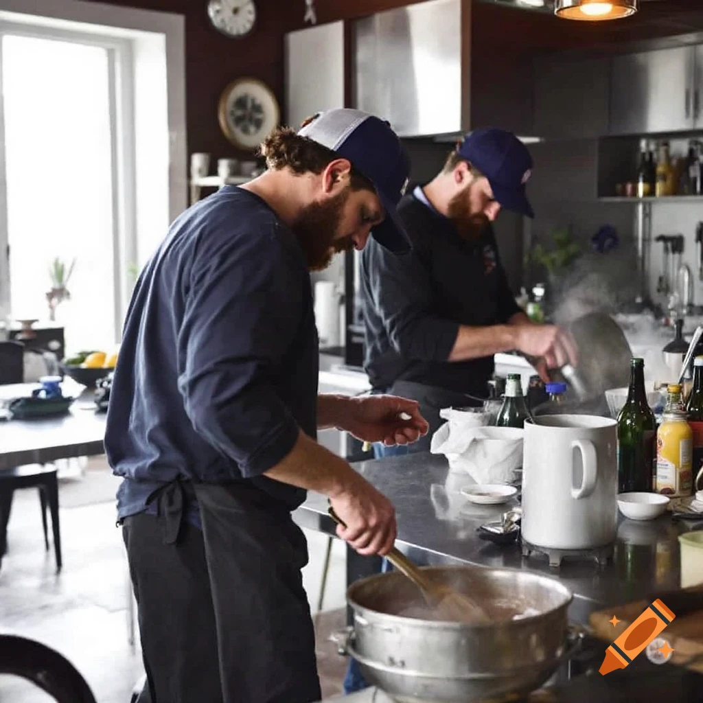 Two men cook in a bright kitchen, stirring pots on the stove.