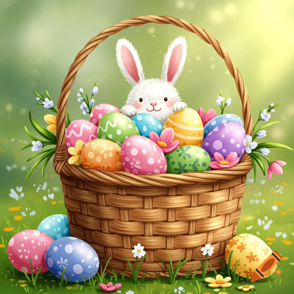 Cute bunny peeking from an Easter basket filled with colorful eggs and flowers in a grassy field. Digital illustration.