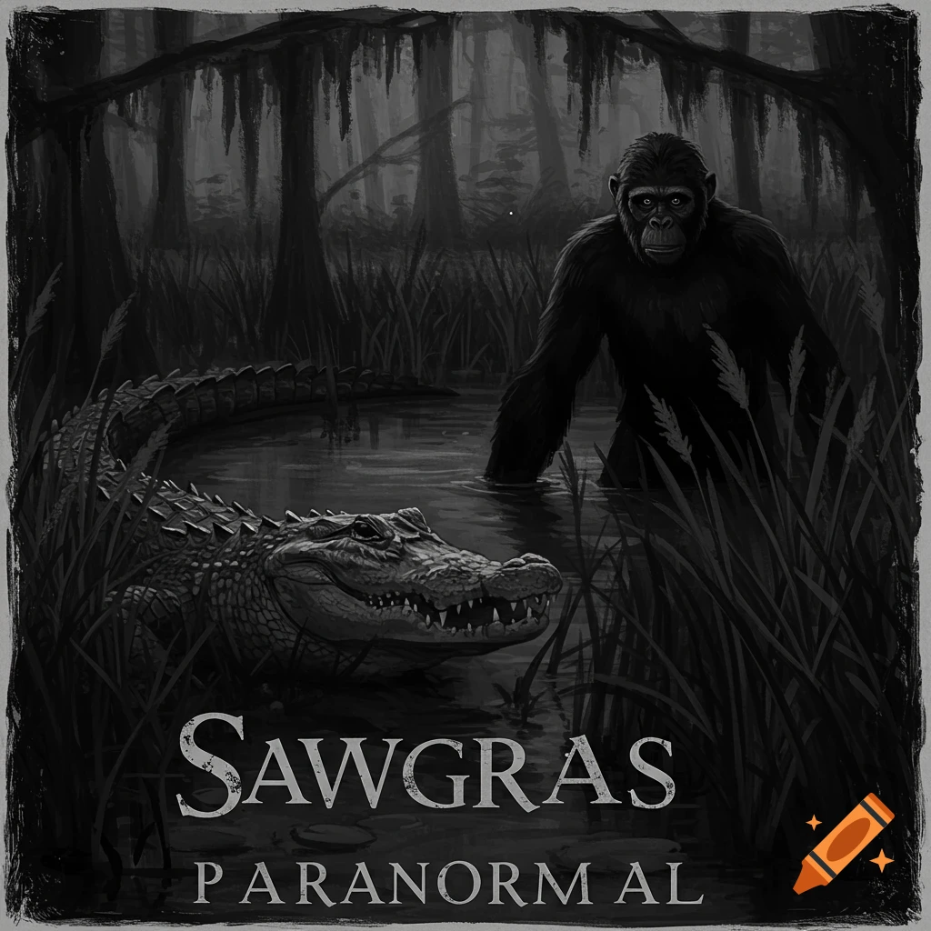 Black and white image of a gator and ape-like creature in a swamp with Sawgrass Paranormal text